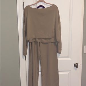 Off the Shoulder Tan Knit Sweatsuit